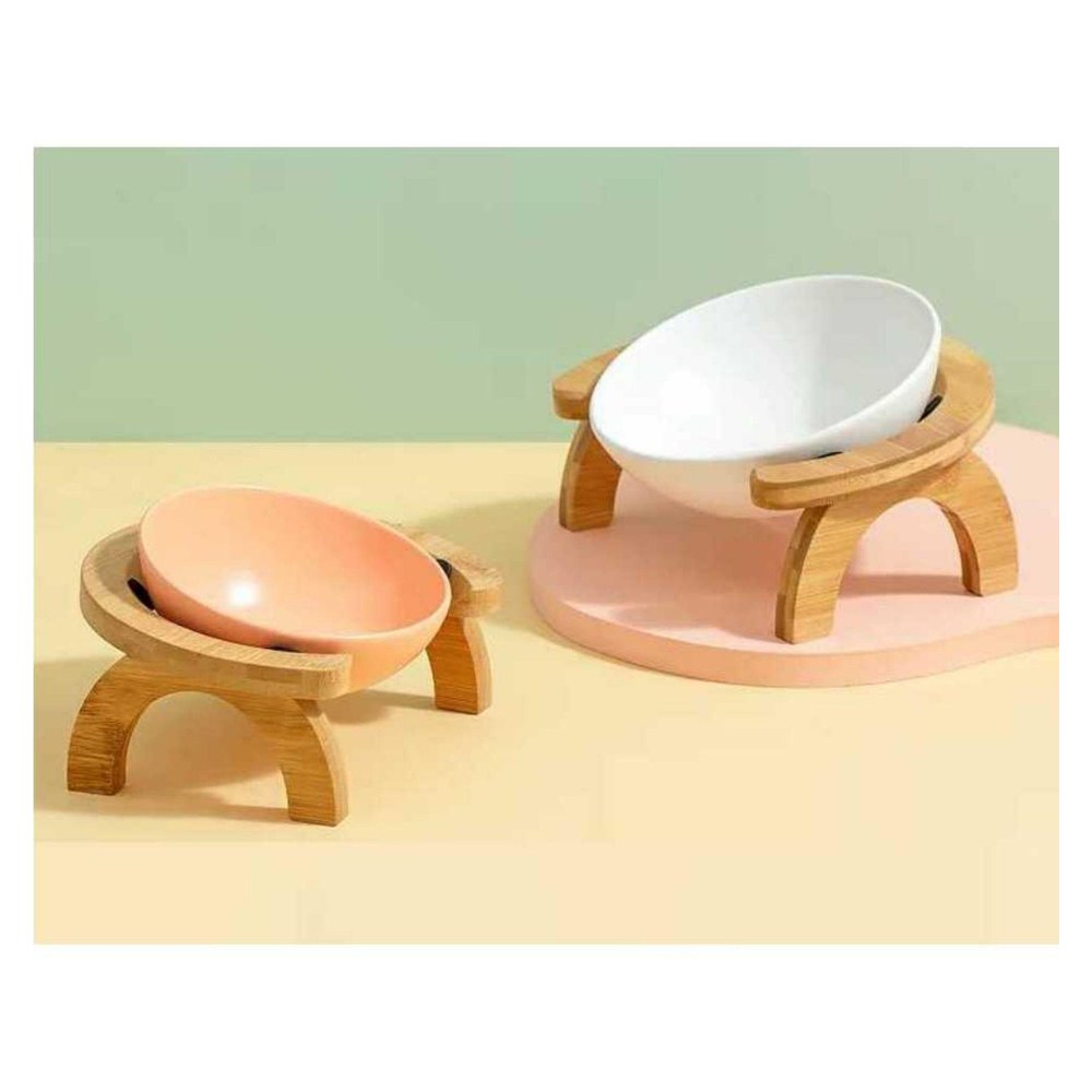 Plato de Ceramica para Gatos Base de Madera